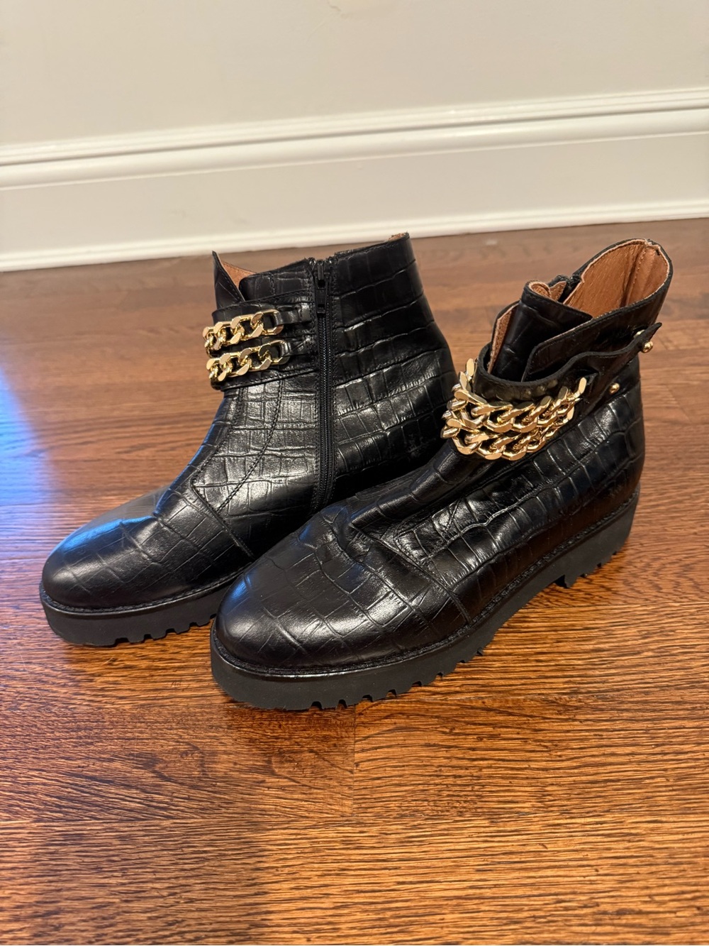 Andre Assous Black Croc-Embossed Ankle Booties with Gold Chain Accent